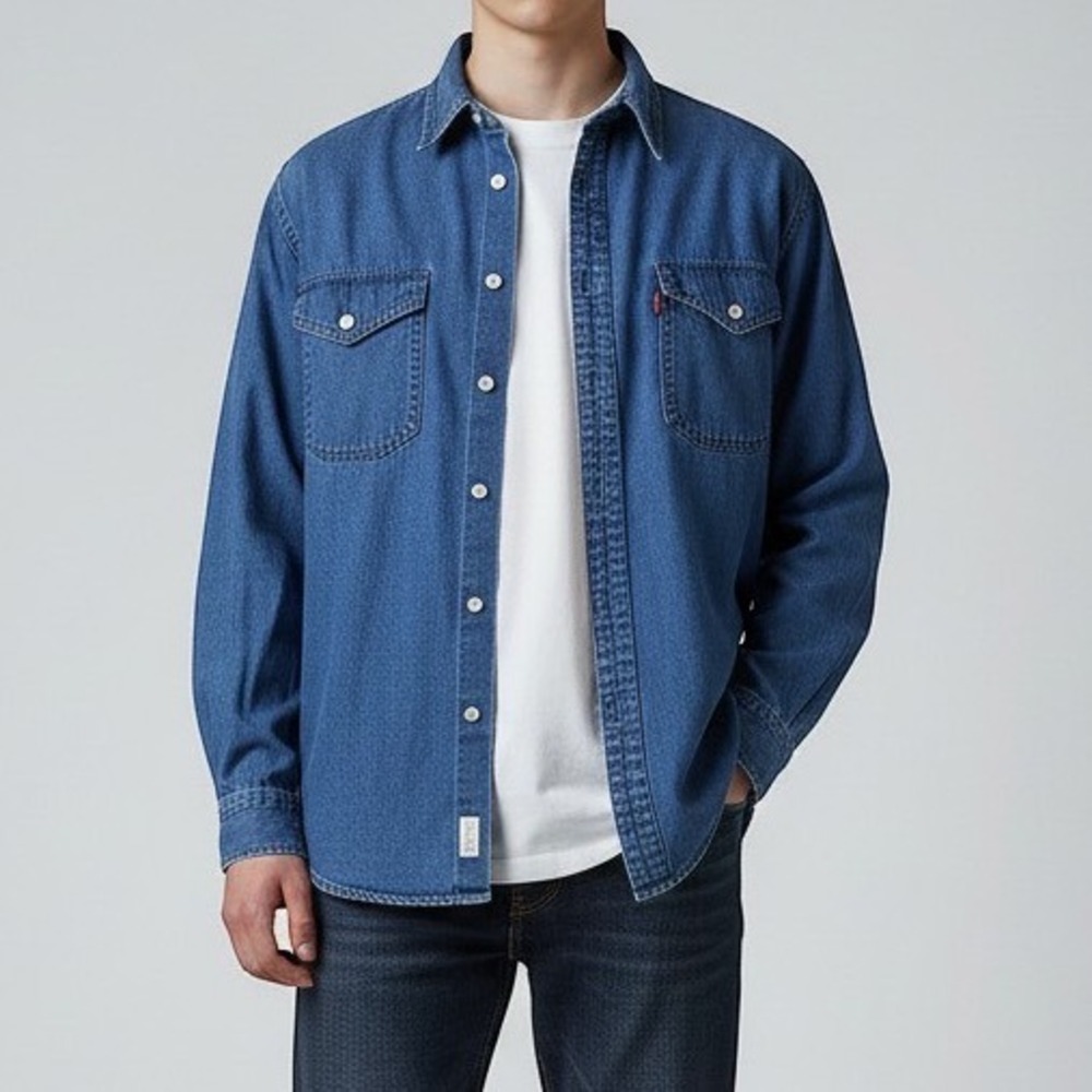 Levis Denim Shirt Mens Large Blue Long Sleeve Button Down Red Tab Workwear L